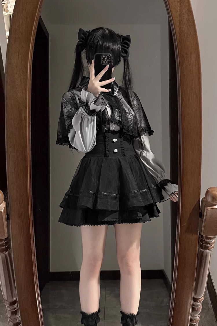 [Law of Disorder] Lapel Collar Long Sleeves Bow Lace Sweet Jirai Kei Skirt and Top 3 Colors - Product - 12