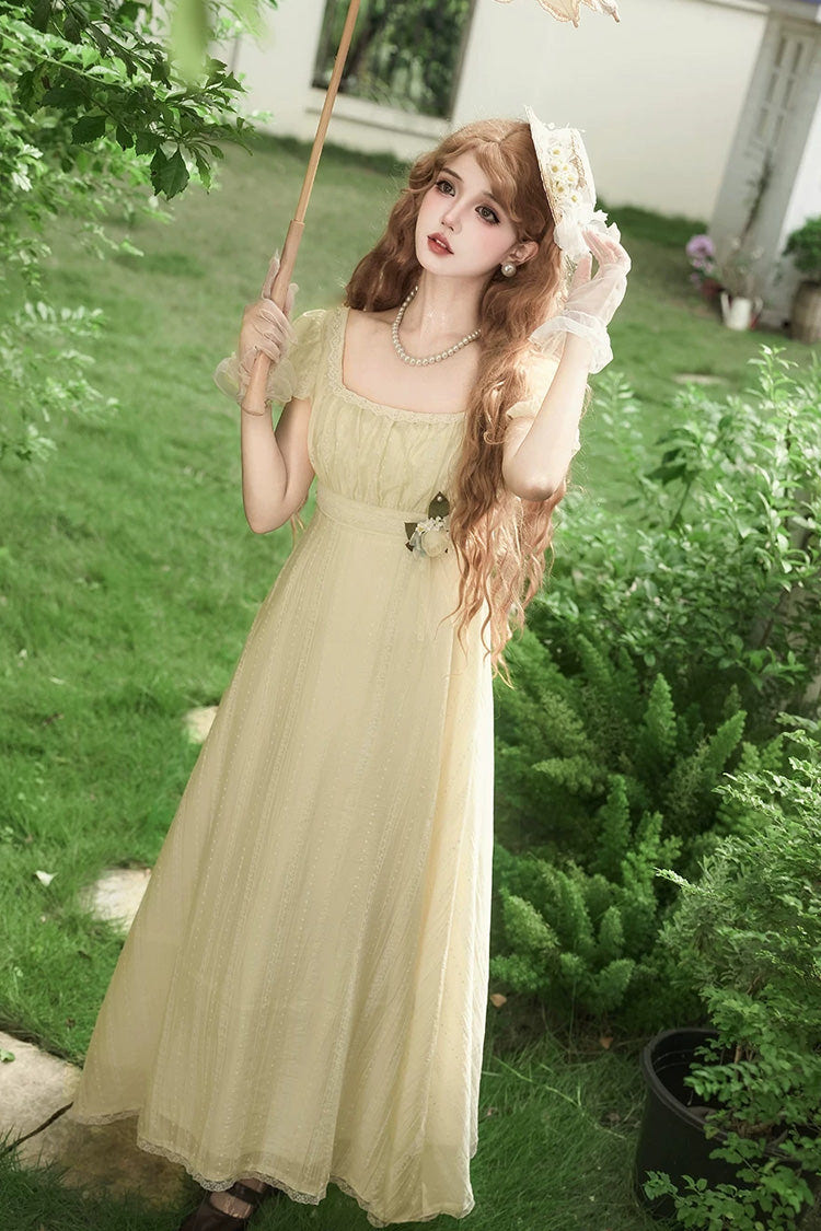 Yellow Square Collar Short Sleeves Jacquard Ruffled Lace Sweet Elegant Lolita Dress - Product - 5
