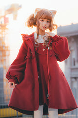 Red Cat Tail Long Sleeves Ruffle Bowknot Hooded Sweet Lolita Coat - Product - 4