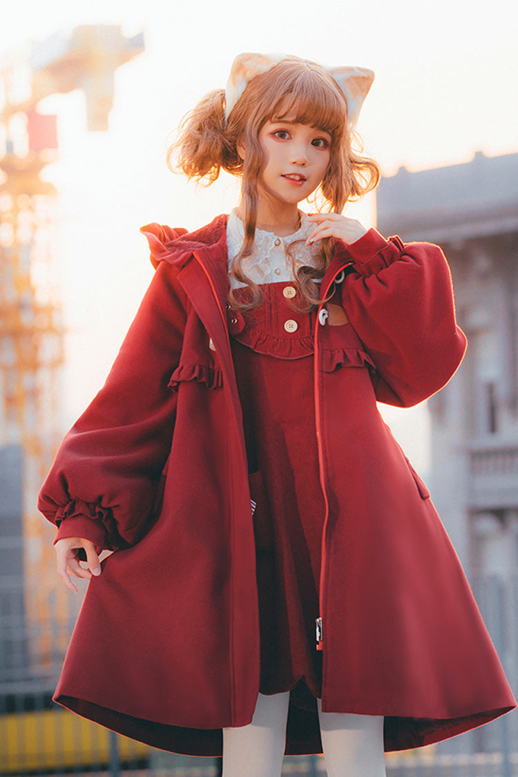 Red Cat Tail Long Sleeves Ruffle Bowknot Hooded Sweet Lolita Coat - Product - 4