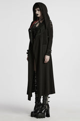 Black Long Sleeves Hooded Ripped Buckle Women's Punk Long Coat - Product - 2