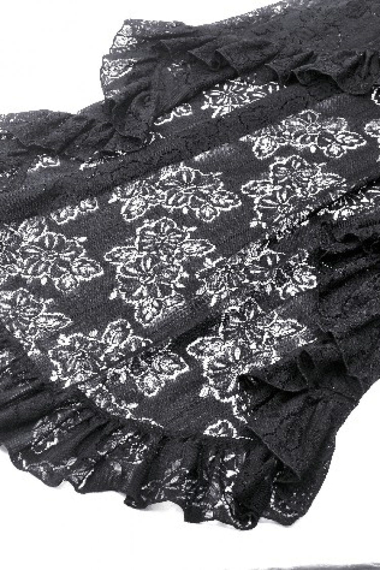 Black Women's Gothic Princess High Waisted Lace Lace-Up Buckled High/Low Tail Hem Maxi Skirt - Product - 14