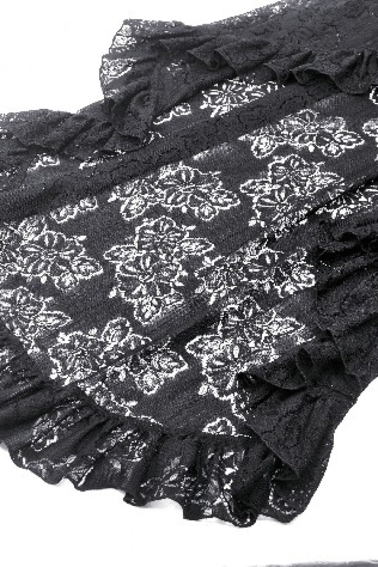 Black Women's Gothic Princess High Waisted Lace Lace-Up Buckled High/Low Tail Hem Maxi Skirt - Product - 14