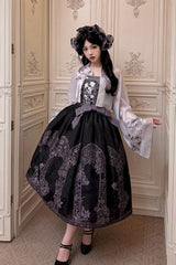 [Stained Glass Dream] Square Collar Sleeveless Printed Embroidered Bow Gothic Lolita Jsk Dress 2 Colors(Black/Purple, White/Purple) - Product - 8