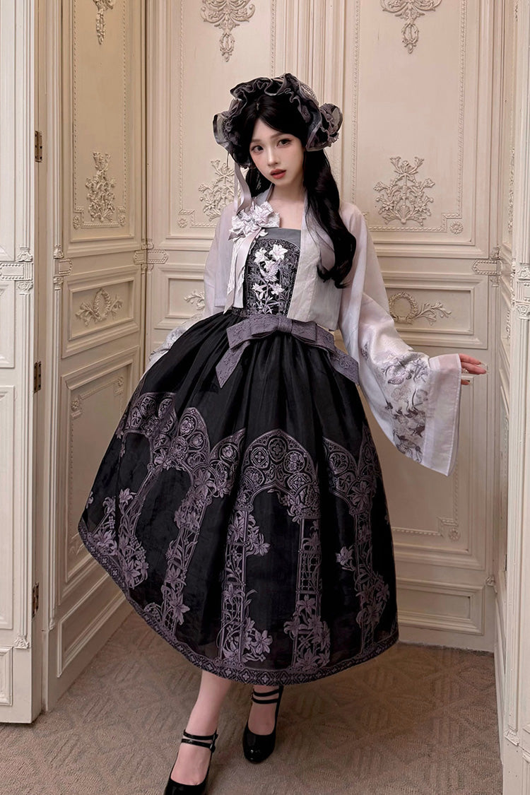 [Stained Glass Dream] Square Collar Sleeveless Printed Embroidered Bow Gothic Lolita Jsk Dress 2 Colors(Black/Purple, White/Purple) - Product - 8
