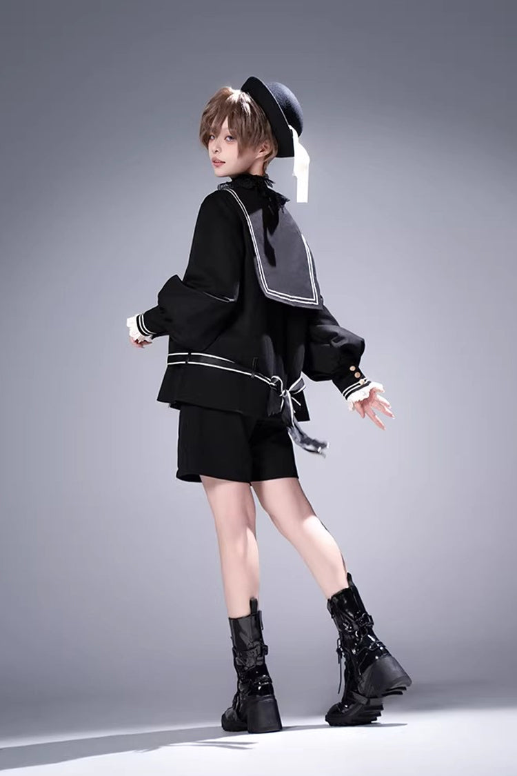 Black [City of Mist] Navy Collar Long Sleeves Gothic College Style Prince Ouji Lolita Shorts Coat Set - Product - 2