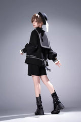 Black [City of Mist] Navy Collar Long Sleeves Gothic College Style Prince Ouji Lolita Shorts Coat Set - Product - 2