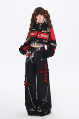 [Biker Girl] Long Sleeves Print Embroidery Zipper Detachable Jirai Kei Coat 3 Colors - Product - 8