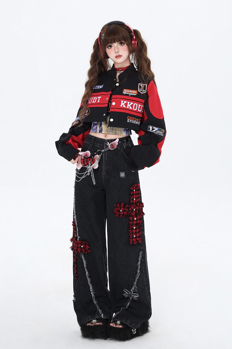 [Biker Girl] Long Sleeves Print Embroidery Zipper Detachable Jirai Kei Coat 3 Colors - Product - 8