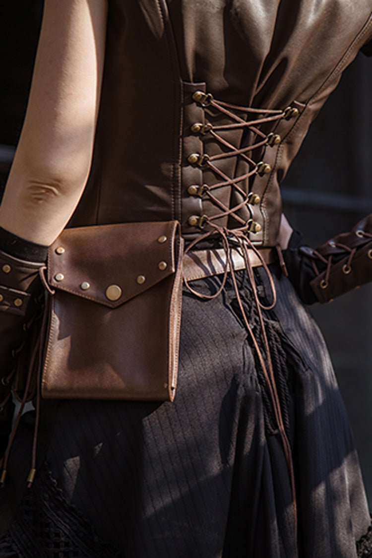 Brown Leather Rivets Corset Gothic Punk Waistcoats Vest - Product - 2