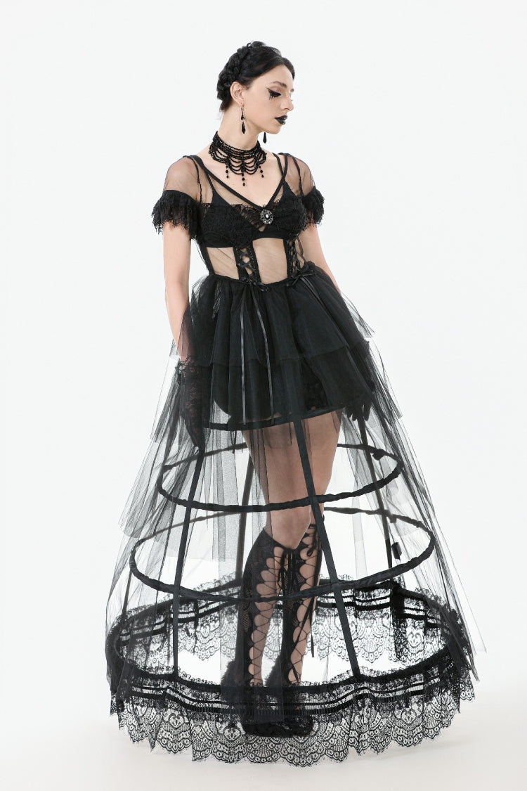 Black V Collar Short Sleeves Multi-Layered Sheer Mesh Women's Gothic Dress - Product - 9