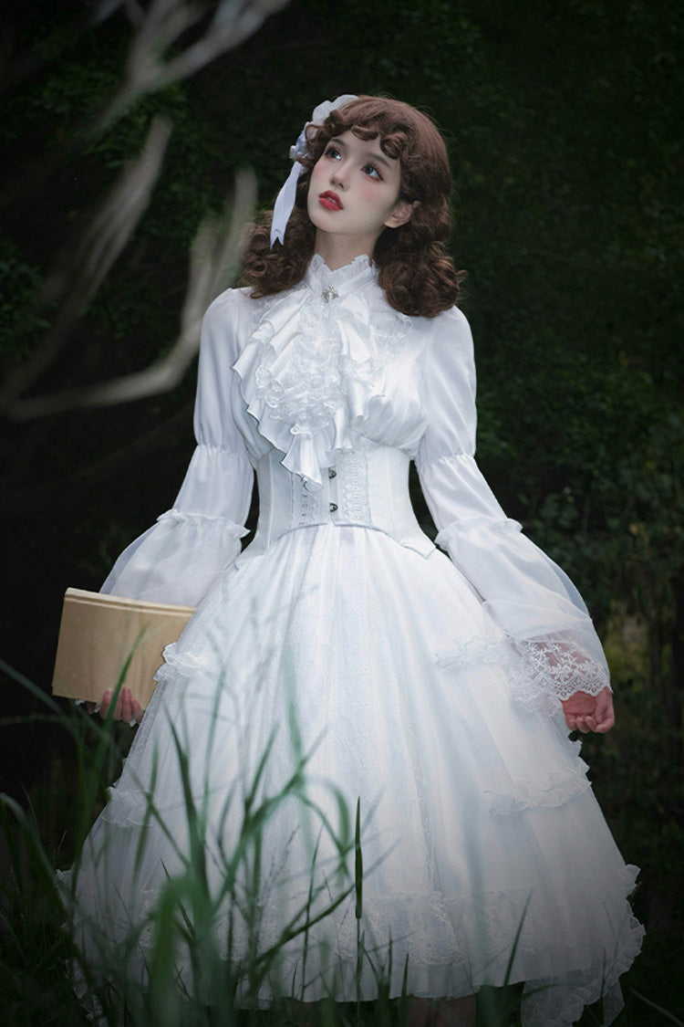 White [Requiem] Stand Collar Long Sleeves Ruffle Lace Gothic Lolita Dress - Product - 4