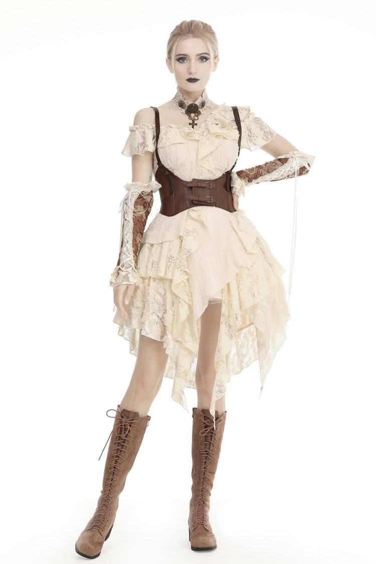 Beige Irregular Multi-Layered Ruffled Lace Women's Steampunk Vintage Dress - Product - 7