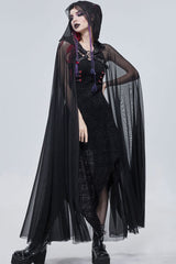 Black Punk Cross Leather Straps On Chest Design Metal Five-Pointed Star Decoration Long Hooded Women's Cape - Product - 5