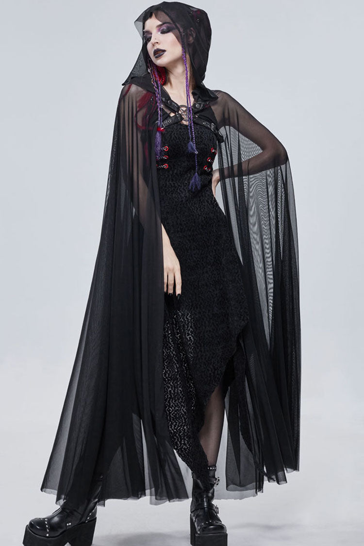 Black Punk Cross Leather Straps On Chest Design Metal Five-Pointed Star Decoration Long Hooded Women's Cape - Product - 5