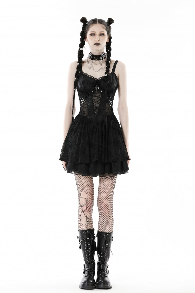 Black Cross Spider Mesh Buckled Zippered Women's Punk Slip Dress - Product - 5