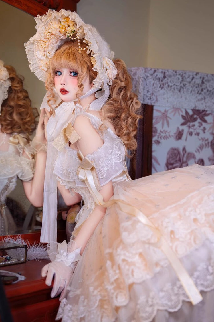 Yellow [Glazed Phantom] Off Shoulder Ruffle Hanayome Bowknot Lace Sweet Elegant Lolita Dress - Product - 5