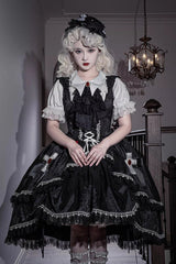 Black [Night Rose] Ruffle Bowknot Lace-Up Short Front and Long Back Gothic Gorgeous Lolita Jsk Dress - Product - 8