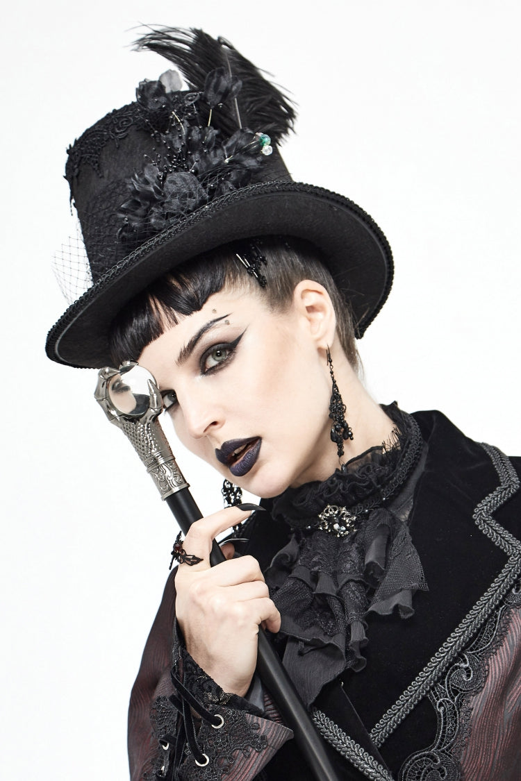 Black Women's Men's Gothic Noir Floral Feather Top Hat with Net Veil - Product - 6