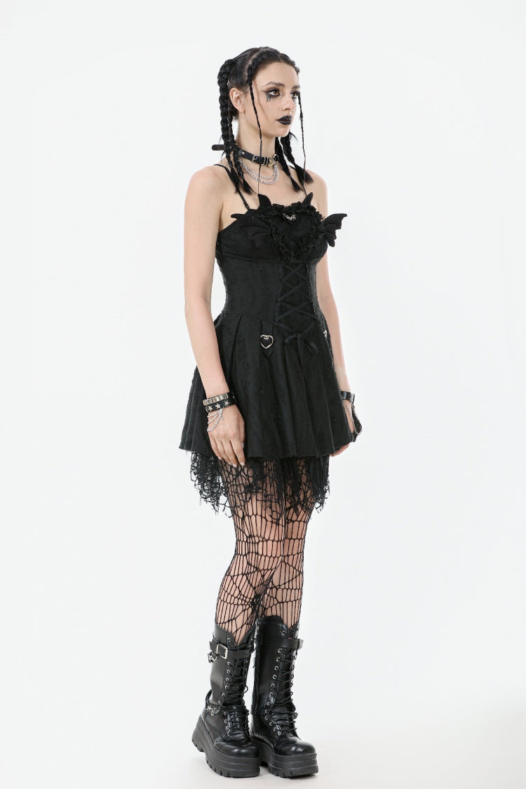 Black Sleeveless Lace Lace-Up Pleated Women's Gothic Dark Demon Slip Dress - Product - 2