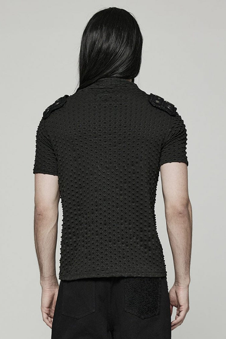 Black Short Sleeves Mesh Bubble Buckle Zipper Mens Steampunk T-Shirt - Product - 3