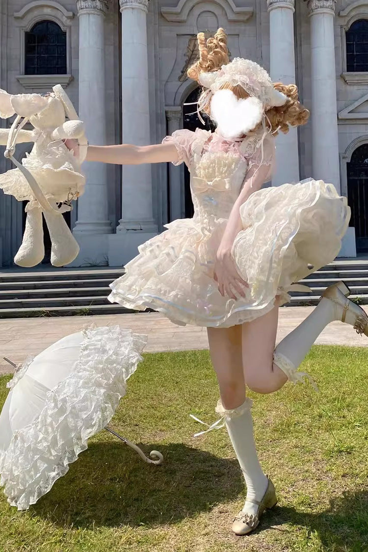 Apricot [Butterfly Heart Ballet] Triple-Layered Ruffle Bowknot Lace Sweet Ballet Lolita Jsk Dress - Product - 5