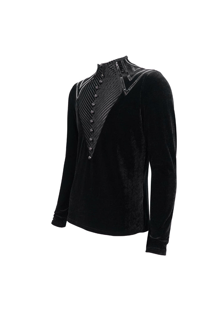 Black Round Collar Long Sleeves Stripes Splice Velvet Men's Gothic Shirt - Product - 8
