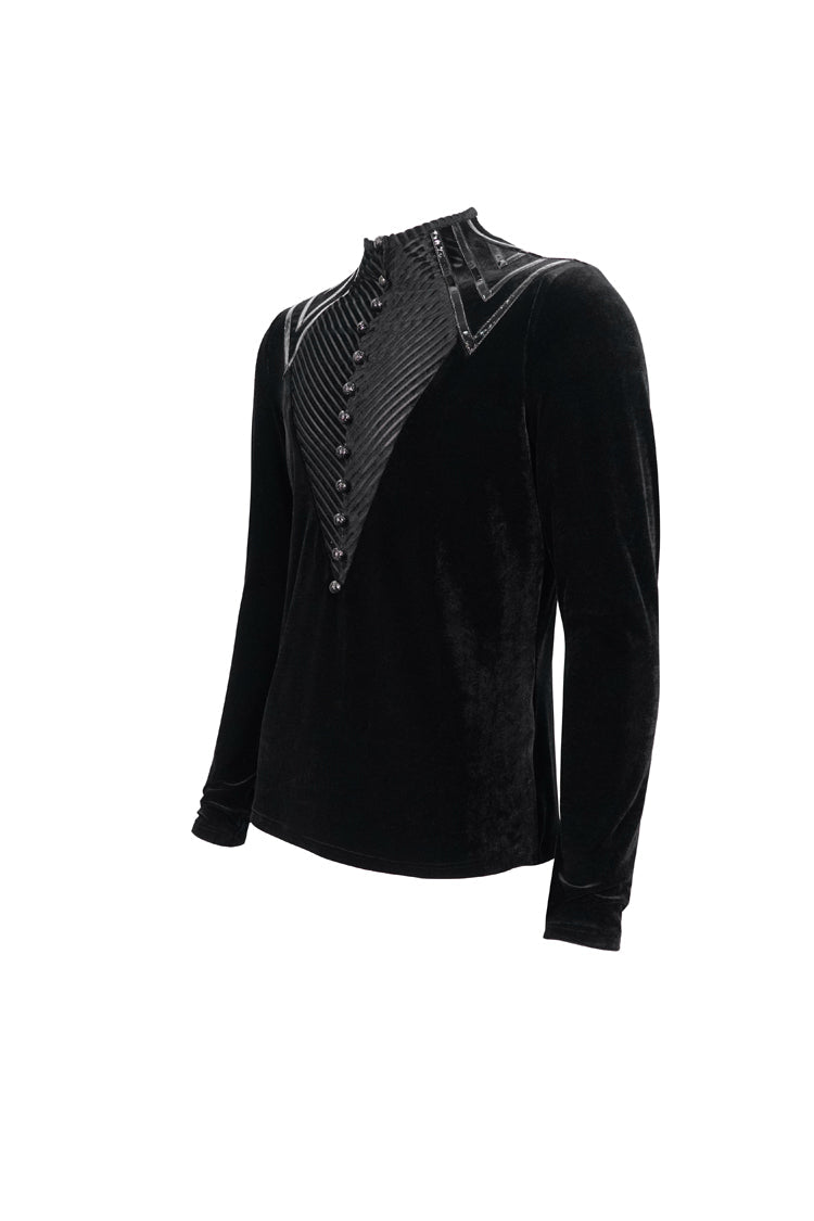 Black Round Collar Long Sleeves Stripes Splice Velvet Men's Gothic Shirt - Product - 8