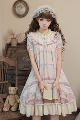 Pink [Brown Dollhouse] Short Sleeves Bear Printed Ruffled Bow Sweet Lolita Dress Set - Product - 5