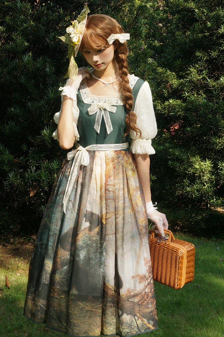Dark Green [Morning in the Pine Forest] Square Collar Short Sleeves Oil Painting Printed Bow Lace Tie-dyed Sweet Lolita Dress - Product - 5