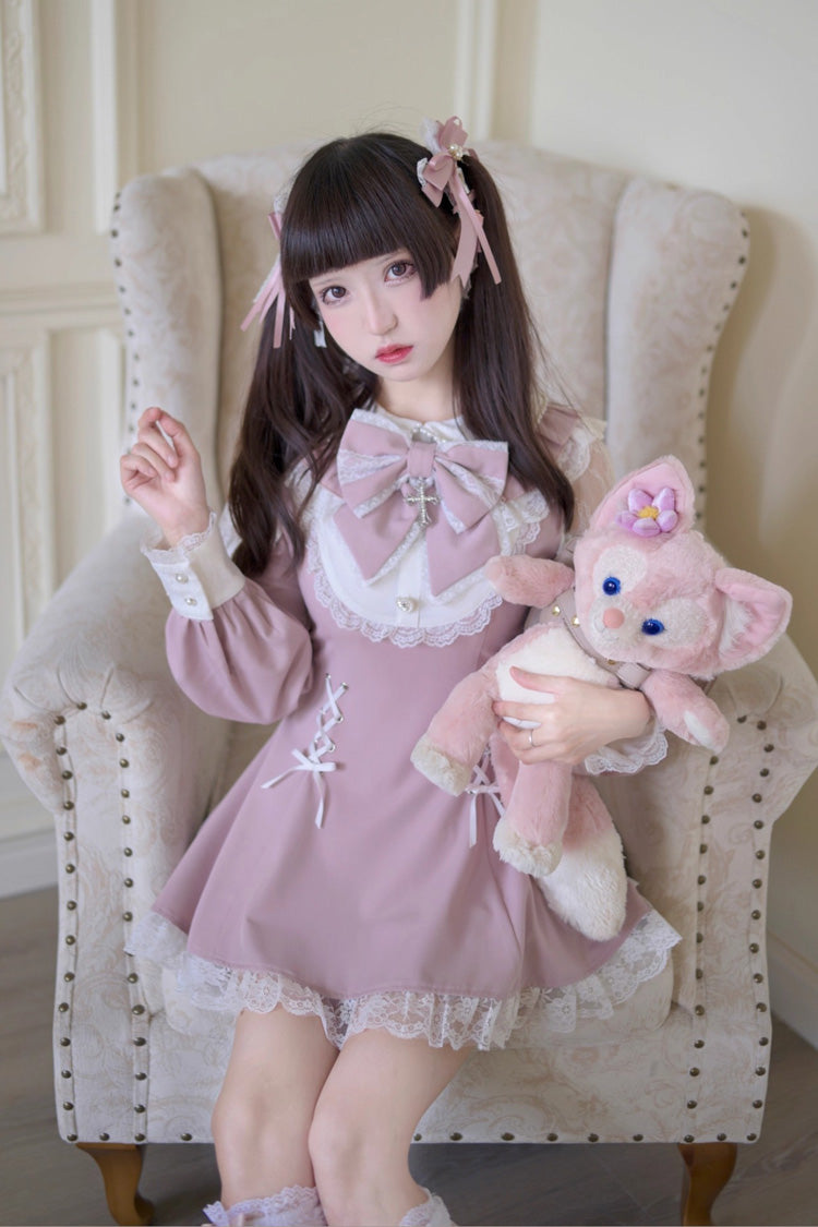 Pink/White [Divine love] Long Sleeves Hollow Bowknot Lace Lace-Up Sweet Jirai Kei Dress Shorts Set - Product - 2