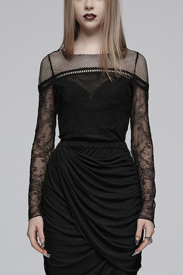 Black Round Collar Long Sleeves Print Stitching Lace Slim Women's Gothic T-Shirt - Black - 1