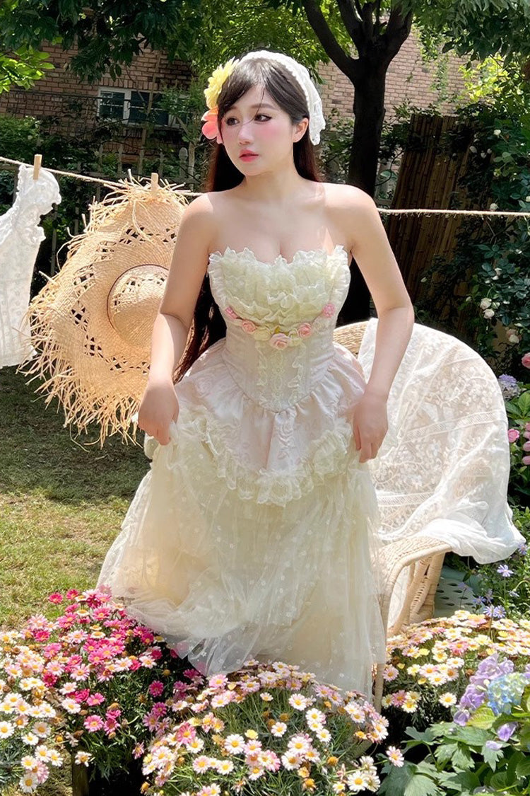 Pink Flower Goddess of Love Ruffle Bowknot Lace Sweet Elegant Lolita Maxi Skirt Dress Set - Product - 12