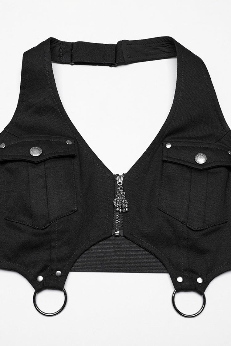 Black Halterneck Women's Punk Tank Top with Skirt Set - Product - 5