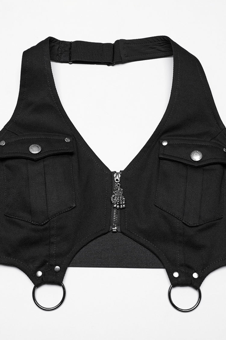 Black Halterneck Women's Punk Tank Top with Skirt Set - Product - 5