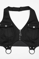 Black Halterneck Women's Punk Tank Top with Skirt Set - Product - 5
