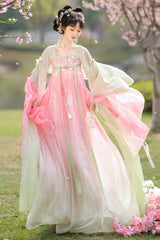 Pink/Green [Spring Awakening] High Waisted Embroidered Women's Sweet Hanfu Dress Set - Product - 4