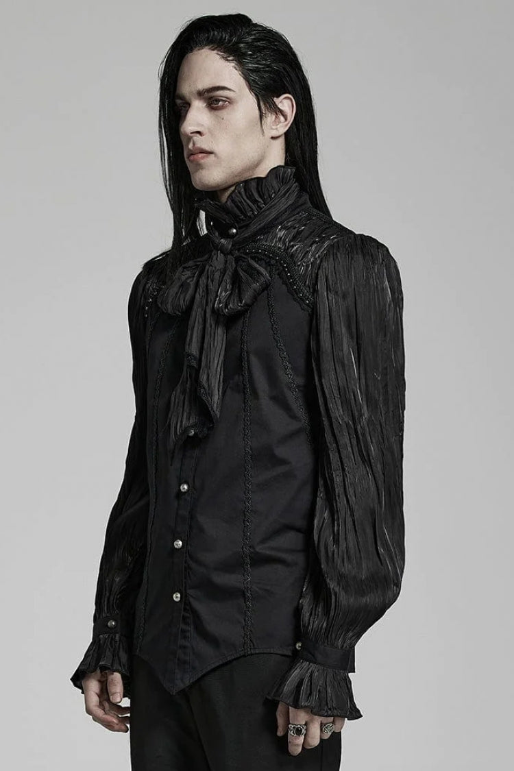 Black Stand Collar Ruched Stitching Lace Mens Gothic Blouse with Scarf - Product - 2