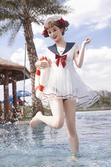 White/Blue/Red Bowknot Short Sleeves Navy Cute Sweet Lolita One Piece Swimsuit - Product - 4