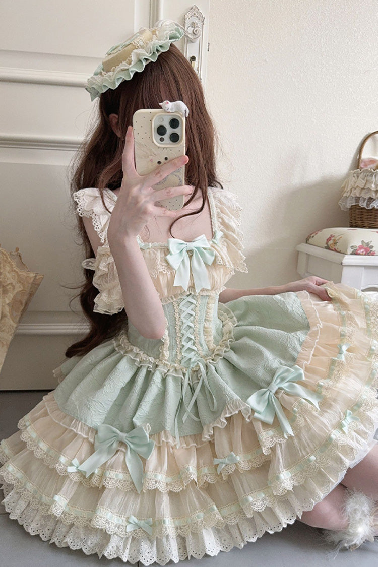 Green [Flory Butterfly] Double-Layered Ruffle Bowknot Lace Lace-Up Sweet Ballet Lolita Jsk Dress - Product - 8