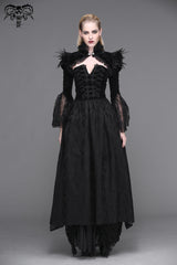 Black High Collar Long Trumpet Sleeves Printed Lace Pleated Women's Vintage Punk Jacket - Black - 1