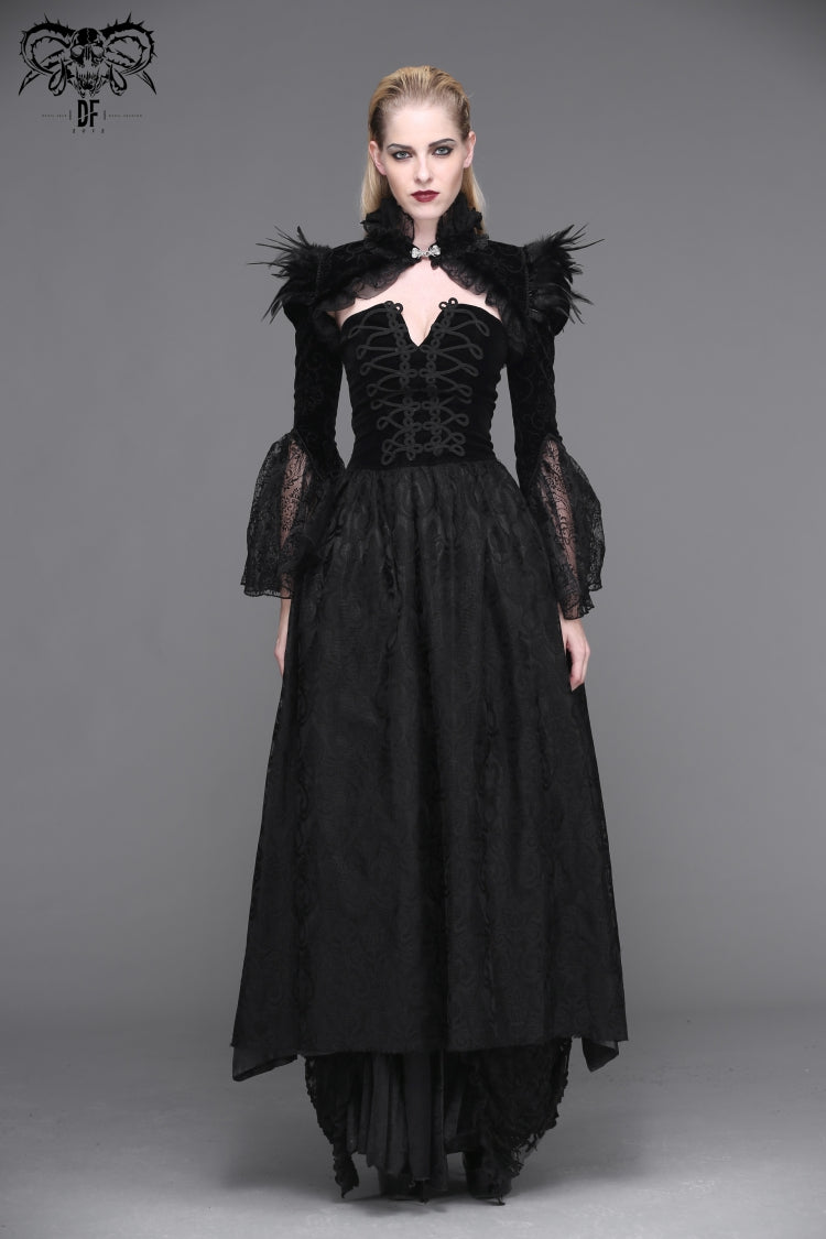 Black High Collar Long Trumpet Sleeves Printed Lace Pleated Women's Vintage Punk Jacket - Black - 1