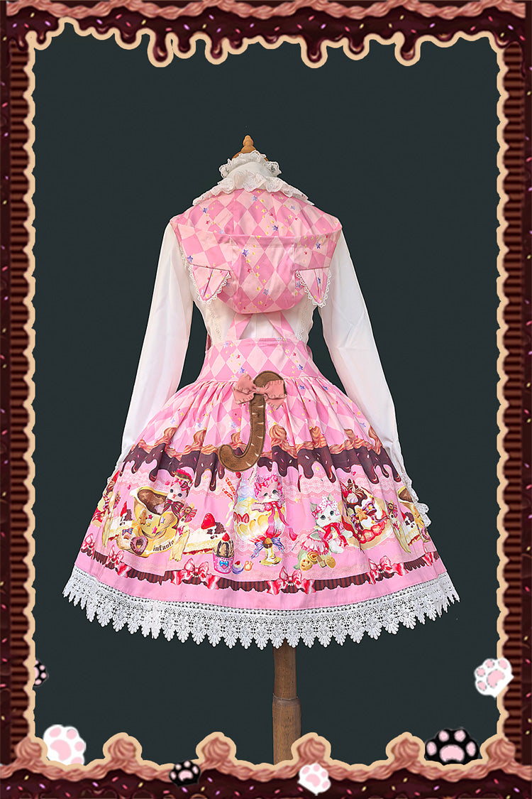 [Cream Meow] Sleeveless Print Bowknot Hooded Sweet Lolita Strap Dress 3 Colors - Product - 4