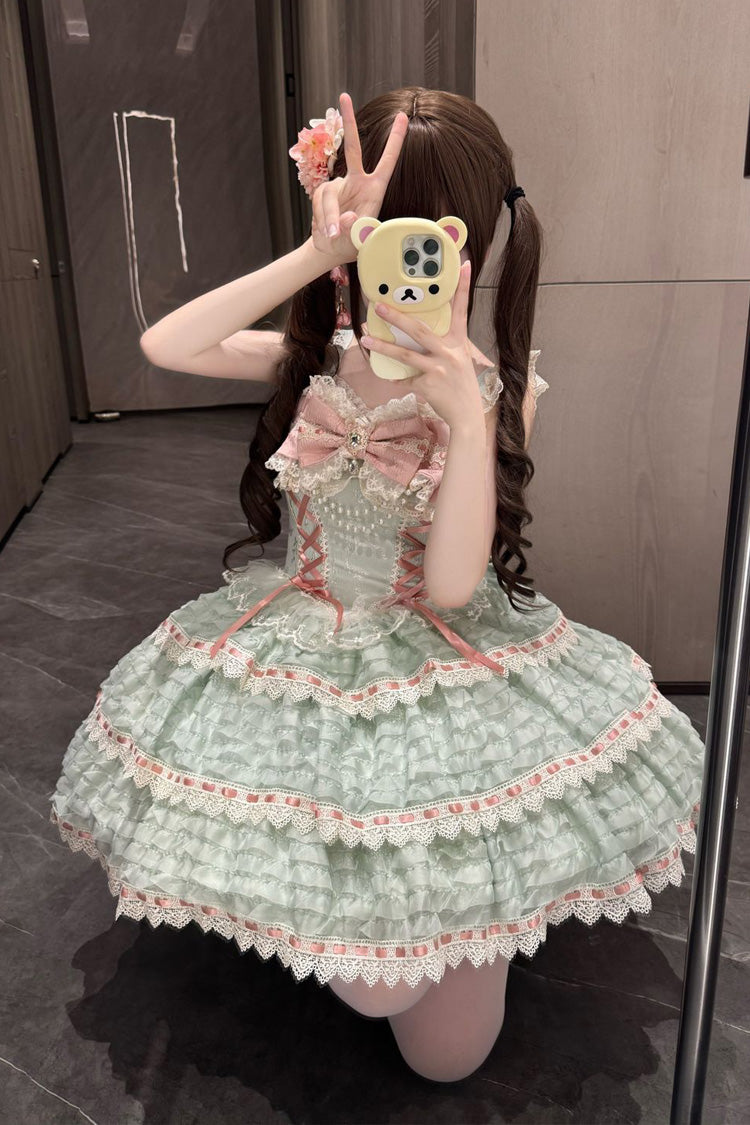 Green [Song of Floral Letters] Sleeveless Triple-Layered Bowknot Lace-Up Sweet Lolita Jsk Dress - Product - 4