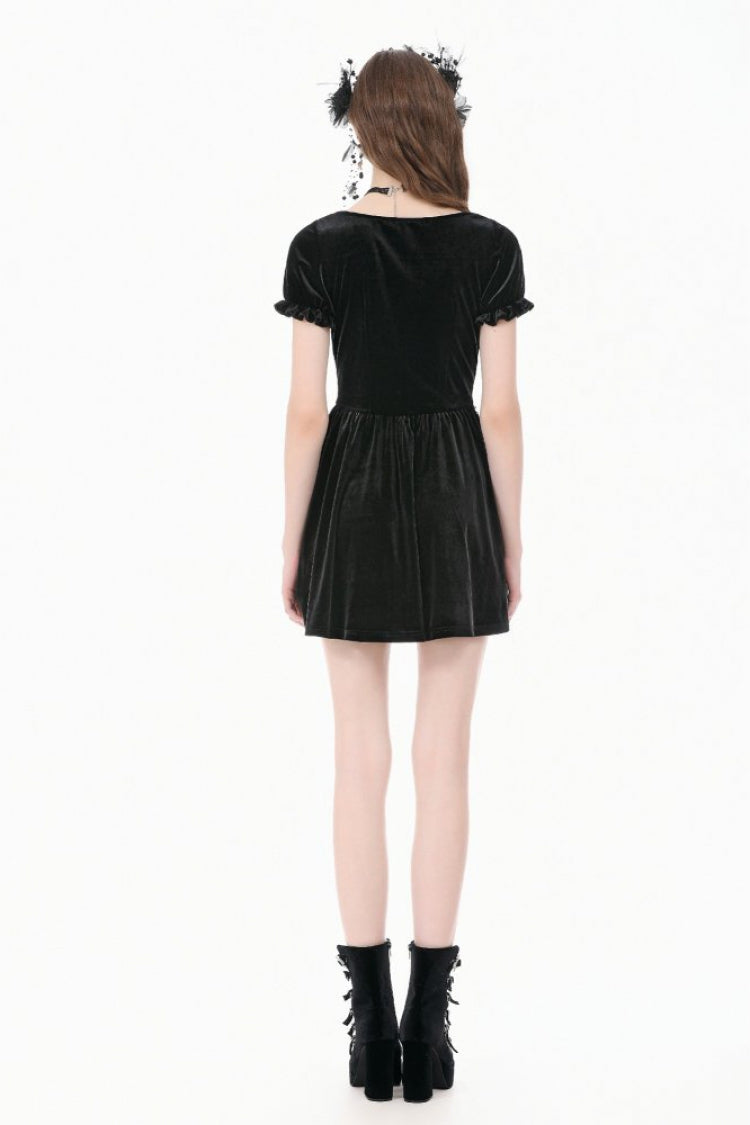 Black Square-Cut Collar Short Puff Sleeves Lace Patchwork Velvet Lace-Up Women's Gothic Vintage Dress - Product - 4