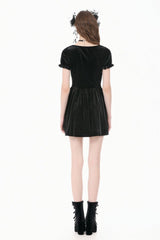 Black Square-Cut Collar Short Puff Sleeves Lace Patchwork Velvet Lace-Up Women's Gothic Vintage Dress - Product - 4