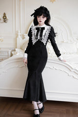Black/White [Rose Doll] Square Collar Long Sleeves Bowknot Lace-Up Gothic Lolita Dress Set 2 Versions - Product - 15
