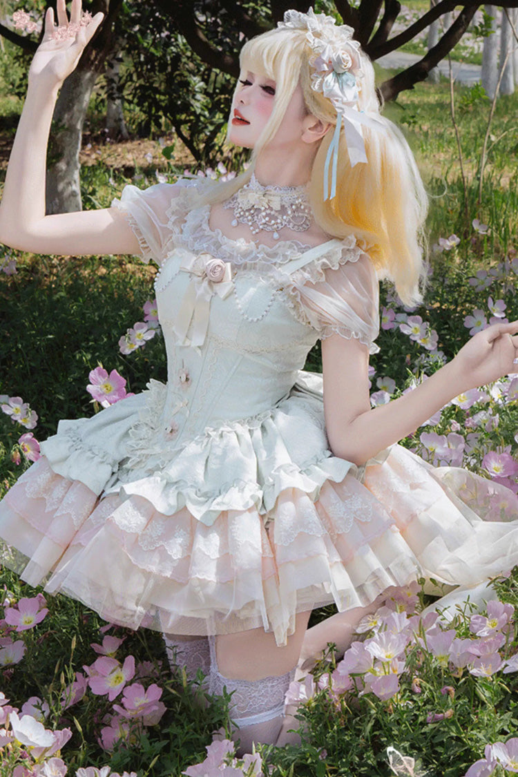 Green [Fleeting Light and Shallow Dream] Sleeveless Multi-Layered Ruffle Bowknot Lace Slim Sweet Ballet Lolita Jsk Dress - Product - 3