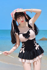 Black/Pink Ruffle Bowknot Lace-Up Sweet Lolita One-piece Swimsuit - Black/Pink - 1