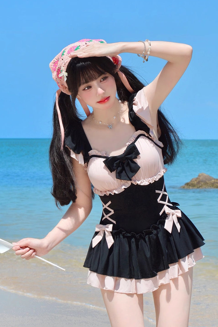 Black/Pink Ruffle Bowknot Lace-Up Sweet Lolita One-piece Swimsuit - Black/Pink - 1